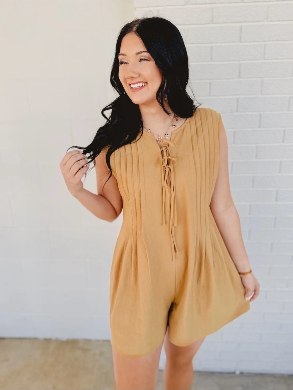 Sleeveless Lace-Up Mini Romper in Mustard